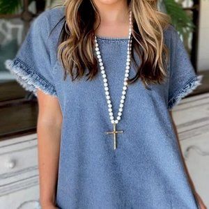 Sky Blue Raw Edge Denim Top